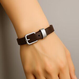 Women's Brown Faux Leather Buckle Wrap Bracelet – Silver tone Accent, Adjustable